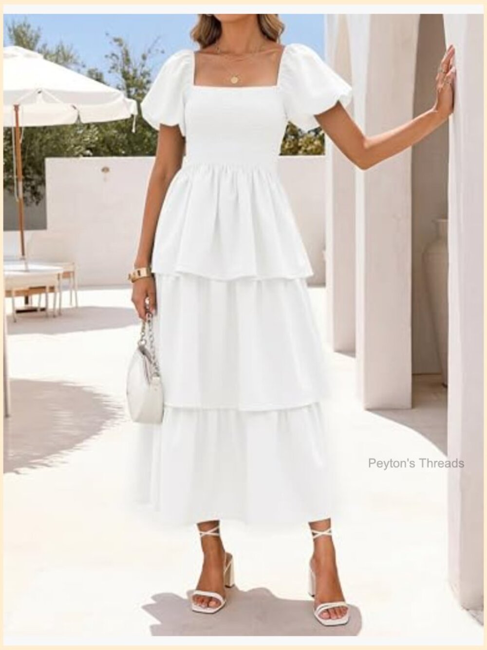 Summer Smocked Midi Dress Puff Short Sleeve Flowy Tiered Boho - Picture 4 of 7